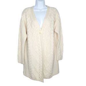 Aran Crafts Merino Wool Knit Cardigan Duster Long Sweater L Ireland Cream Ivory